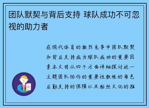 团队默契与背后支持 球队成功不可忽视的助力者