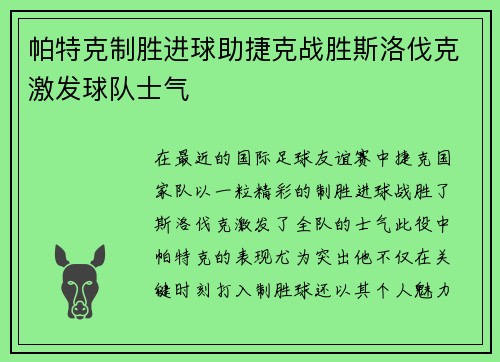 帕特克制胜进球助捷克战胜斯洛伐克激发球队士气