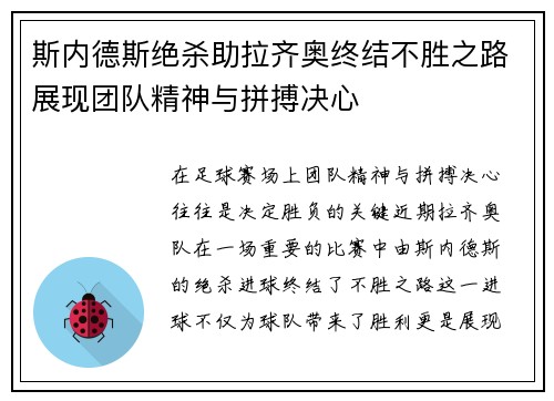 斯内德斯绝杀助拉齐奥终结不胜之路展现团队精神与拼搏决心