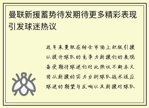 曼联新援蓄势待发期待更多精彩表现引发球迷热议