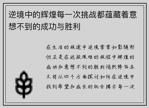 逆境中的辉煌每一次挑战都蕴藏着意想不到的成功与胜利