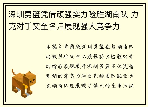深圳男篮凭借顽强实力险胜湖南队 力克对手实至名归展现强大竞争力