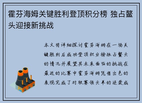 霍芬海姆关键胜利登顶积分榜 独占鳌头迎接新挑战