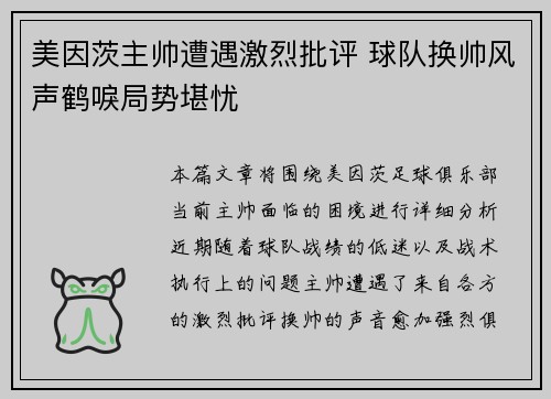 美因茨主帅遭遇激烈批评 球队换帅风声鹤唳局势堪忧