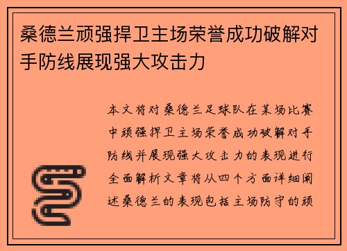桑德兰顽强捍卫主场荣誉成功破解对手防线展现强大攻击力