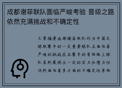 成都谢菲联队面临严峻考验 晋级之路依然充满挑战和不确定性