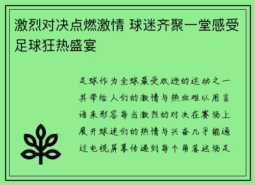 激烈对决点燃激情 球迷齐聚一堂感受足球狂热盛宴
