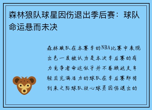 森林狼队球星因伤退出季后赛：球队命运悬而未决