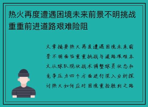 热火再度遭遇困境未来前景不明挑战重重前进道路艰难险阻
