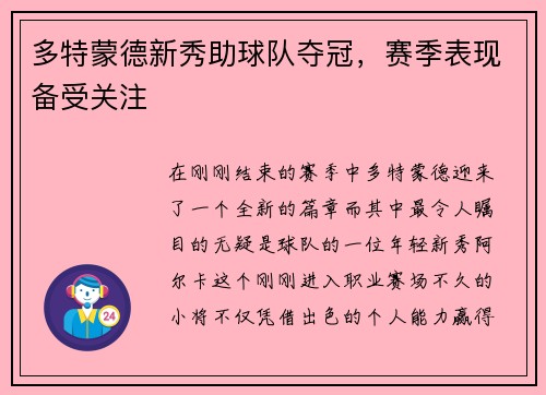 多特蒙德新秀助球队夺冠，赛季表现备受关注