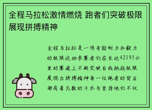 全程马拉松激情燃烧 跑者们突破极限展现拼搏精神
