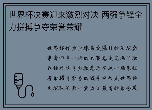 世界杯决赛迎来激烈对决 两强争锋全力拼搏争夺荣誉荣耀