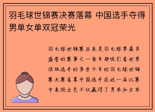 羽毛球世锦赛决赛落幕 中国选手夺得男单女单双冠荣光